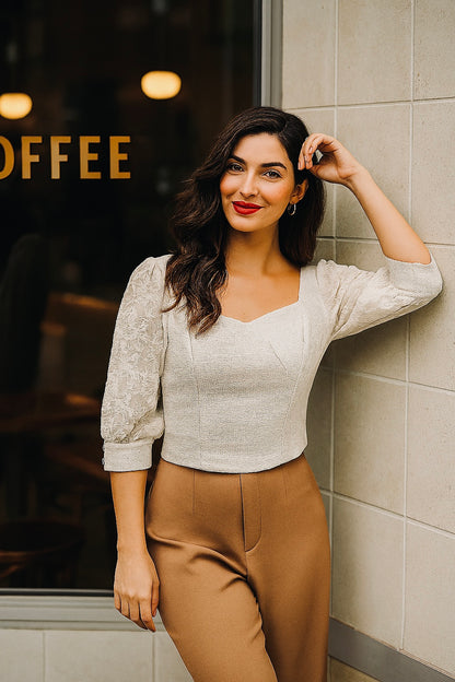 TULLE THEORY NATURAL COLOR LACE  SLEEVE TWEED TOP