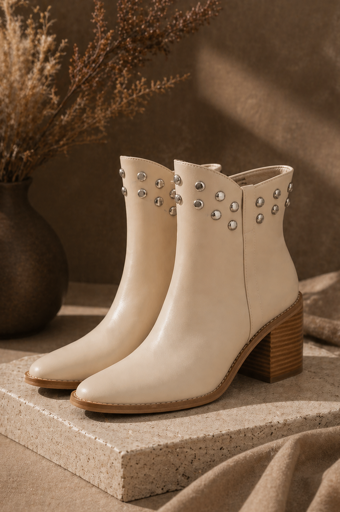 Ivory studded western ankle block heel boot