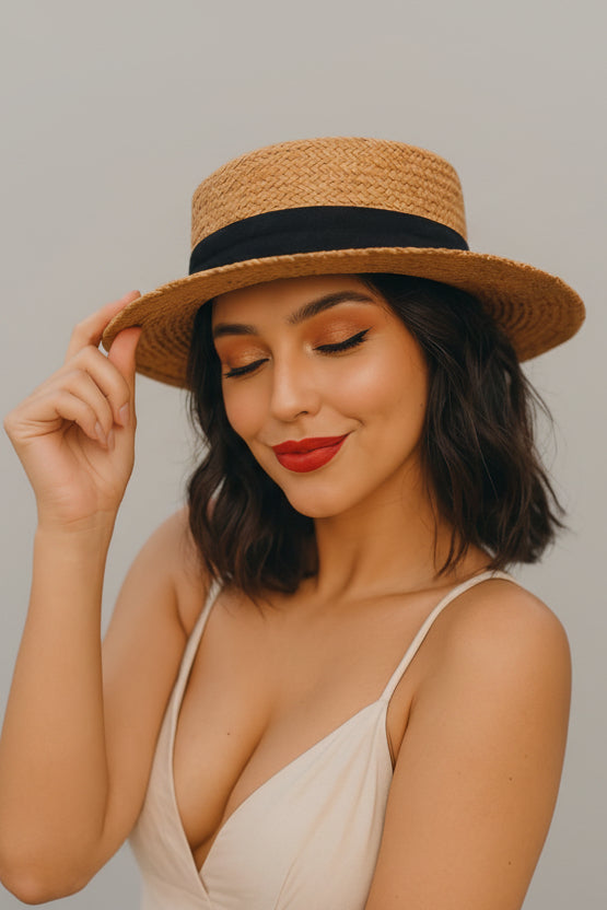 Classic wide brim ribbon straw hat