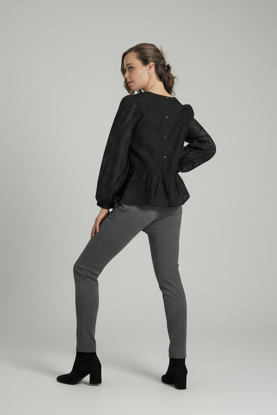 MOONLIT GAZE PEPLUM BLACK BABY DOLL BLOUSE