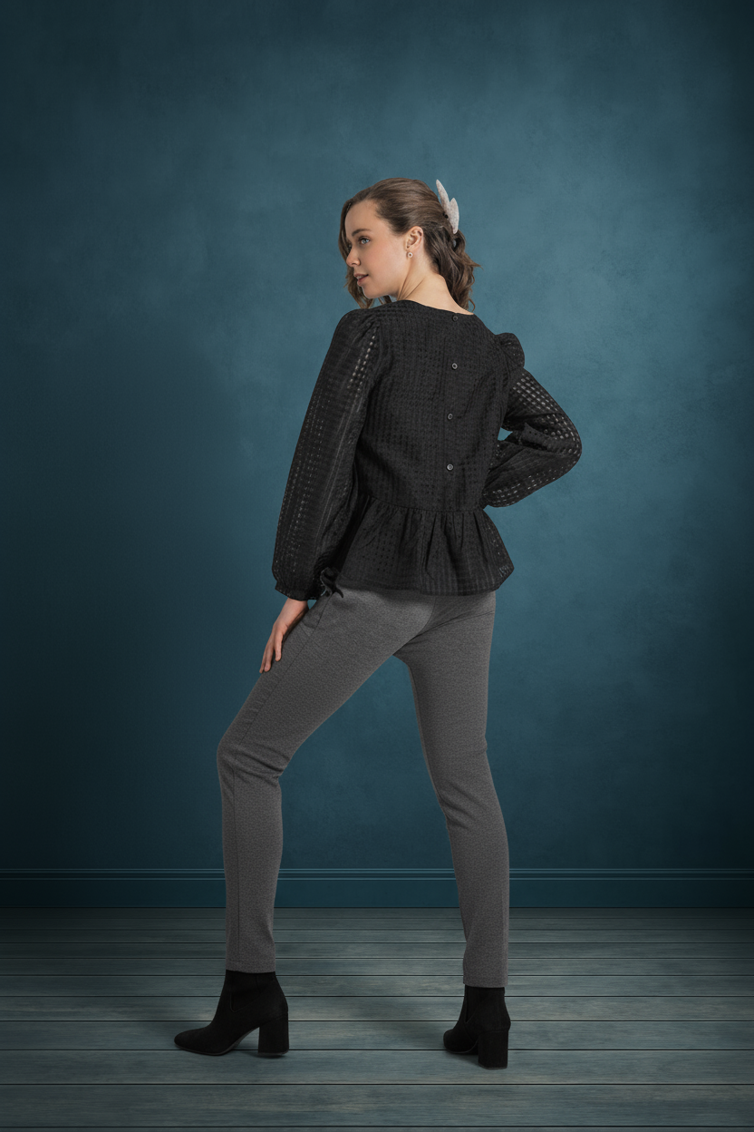 MOONLIT GAZE PEPLUM BLACK BABY DOLL BLOUSE