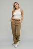 Khaki washed twill cinched hem parachute pants