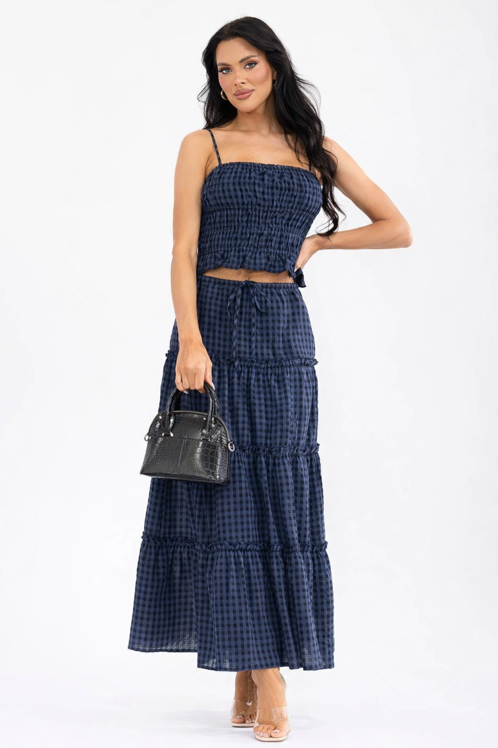 Navy Gingham Smocked Crop Top & Tiered Maxi Skirt Set