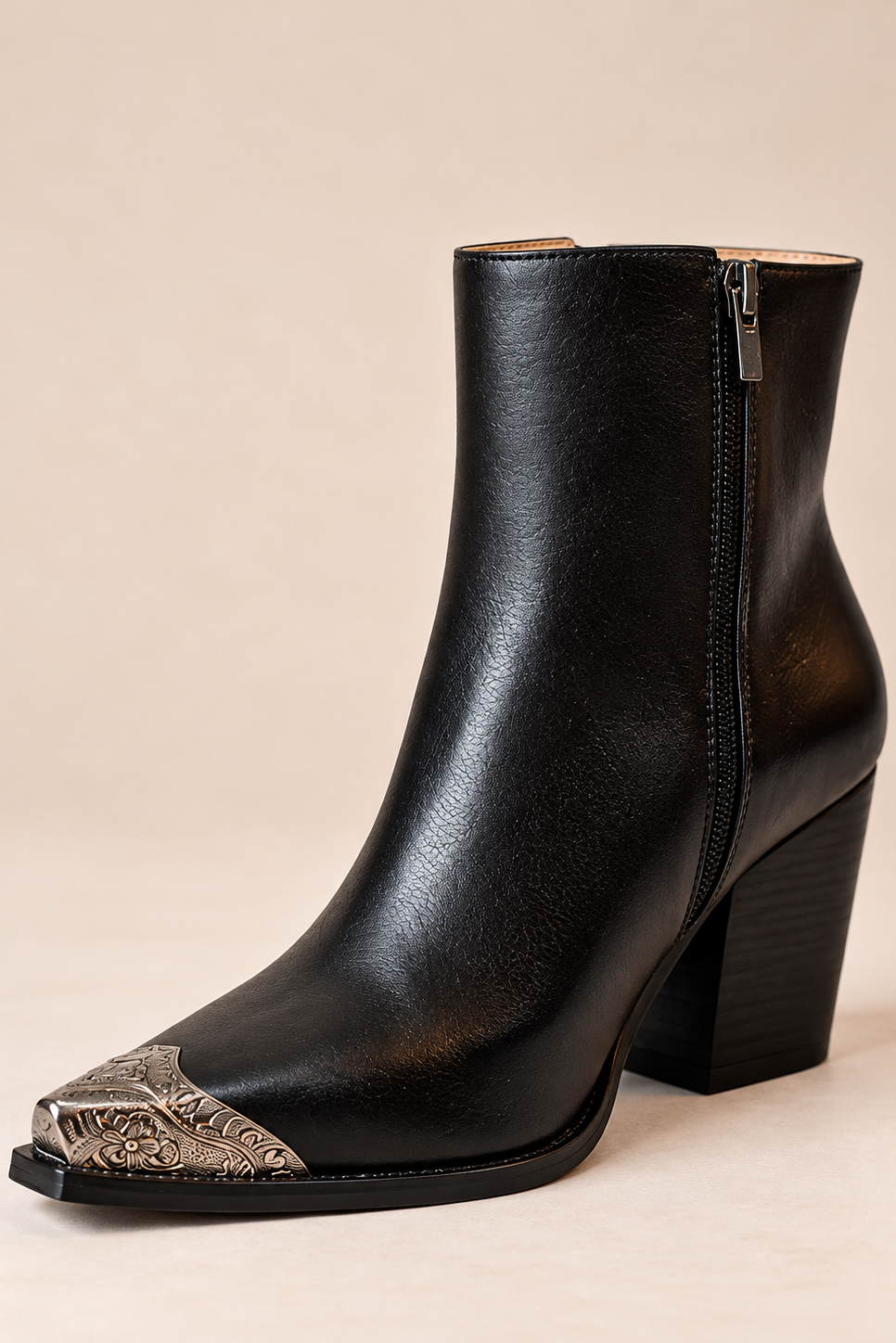 Western Etched Silver Tip Noir Block Heel Boot