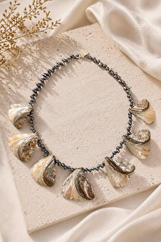 Coastal Noir abalone and black pearl sterling silver necklace