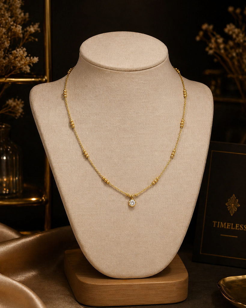 Gold mini pave coin pendant chain necklace, front view