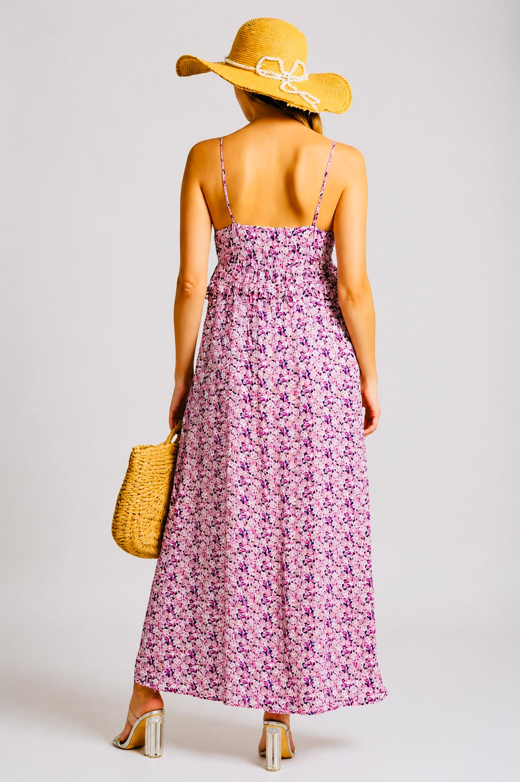 Wildflower muse pink tiered maxi dress on model, styled
