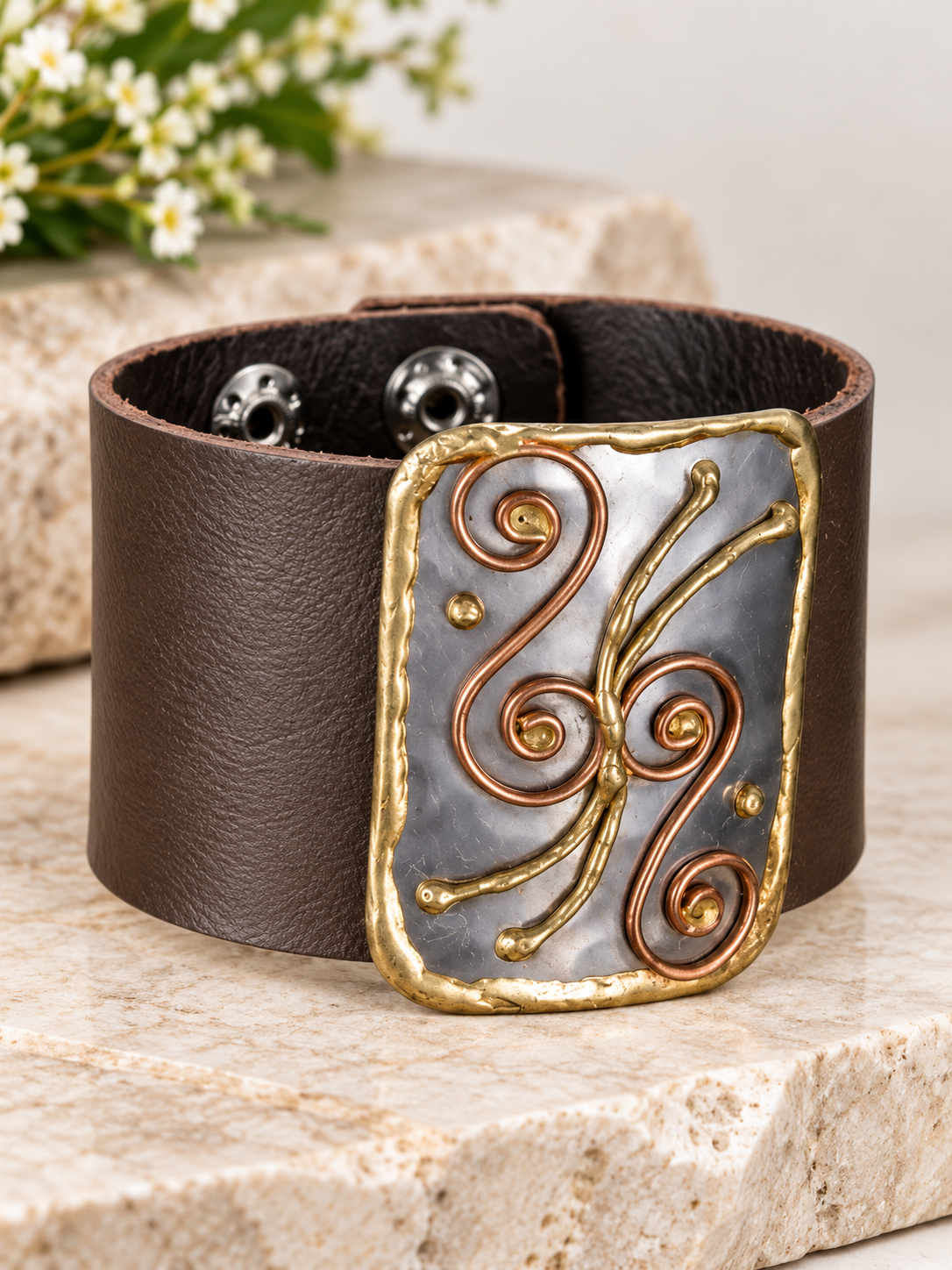 Rustic Filigree Mixed- Metal Leather Bracelet