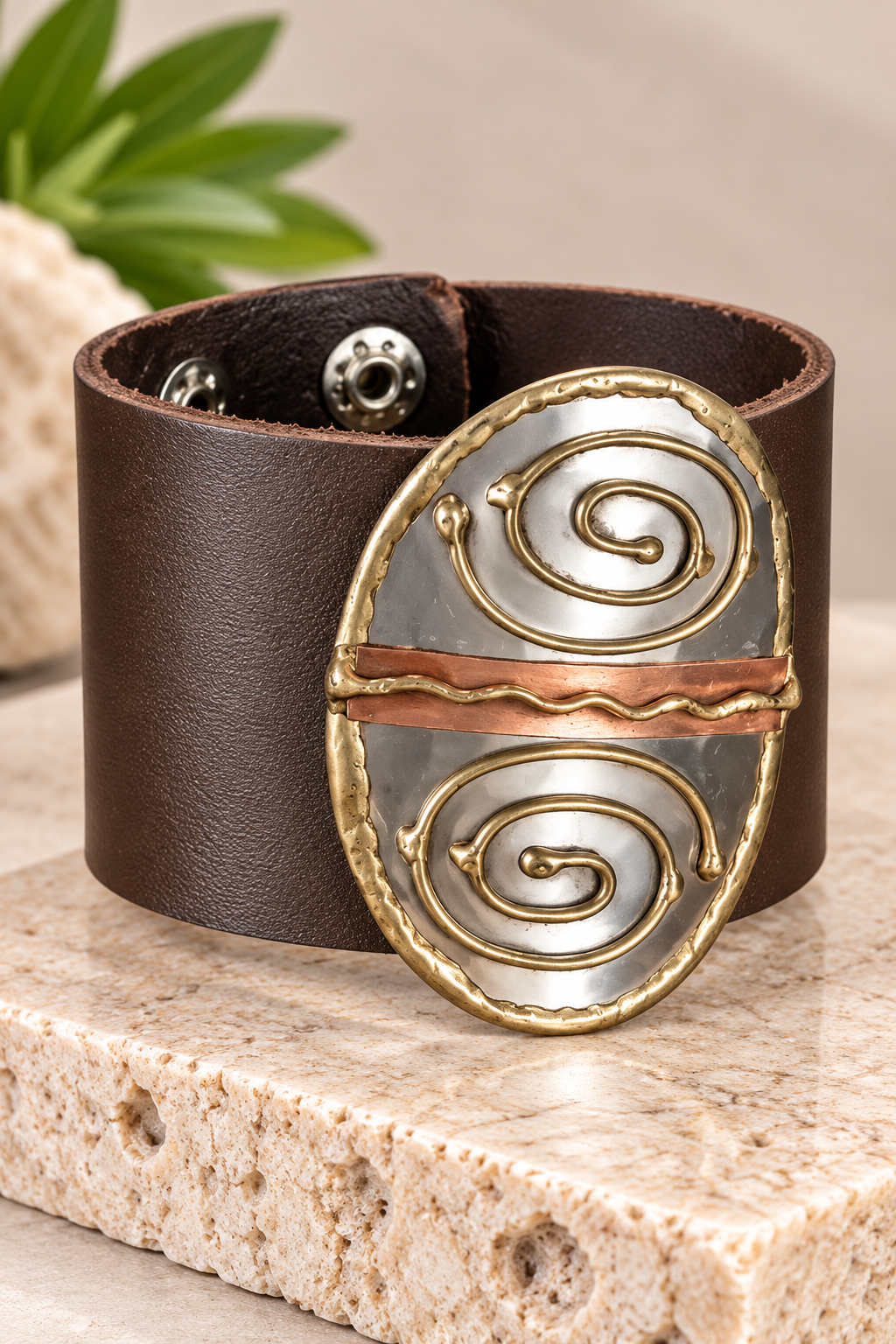 Cosmic Spiral Oval Leather Cuff Bracelet