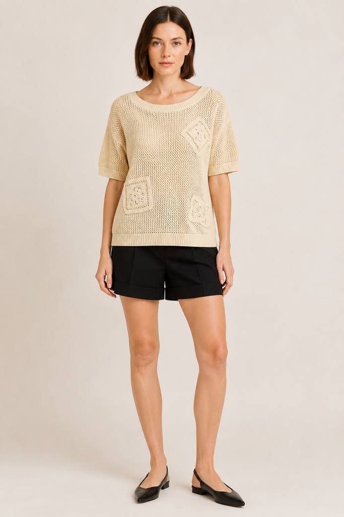 Coastal Crochet Applique Detail Knit Pullover Top