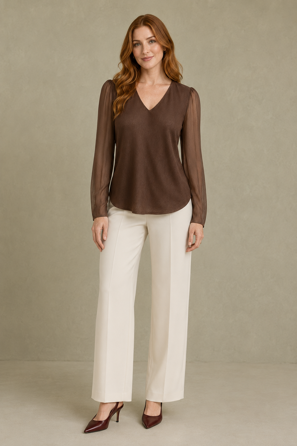 Mocha Sheer Puff Sleeve Blouse