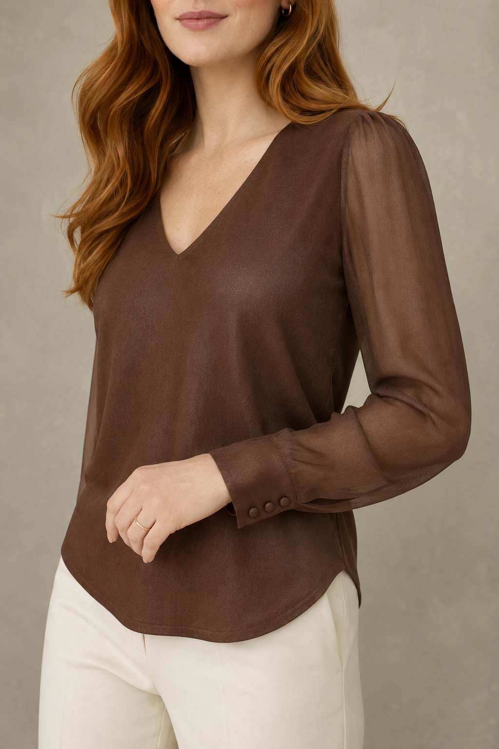 Mocha Sheer Puff Sleeve Blouse