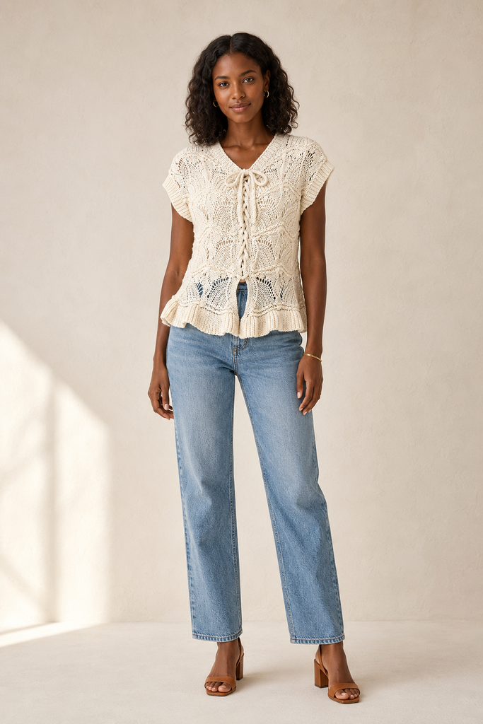 Isla Ruffle Crochet Lace-Up Sweater Vest