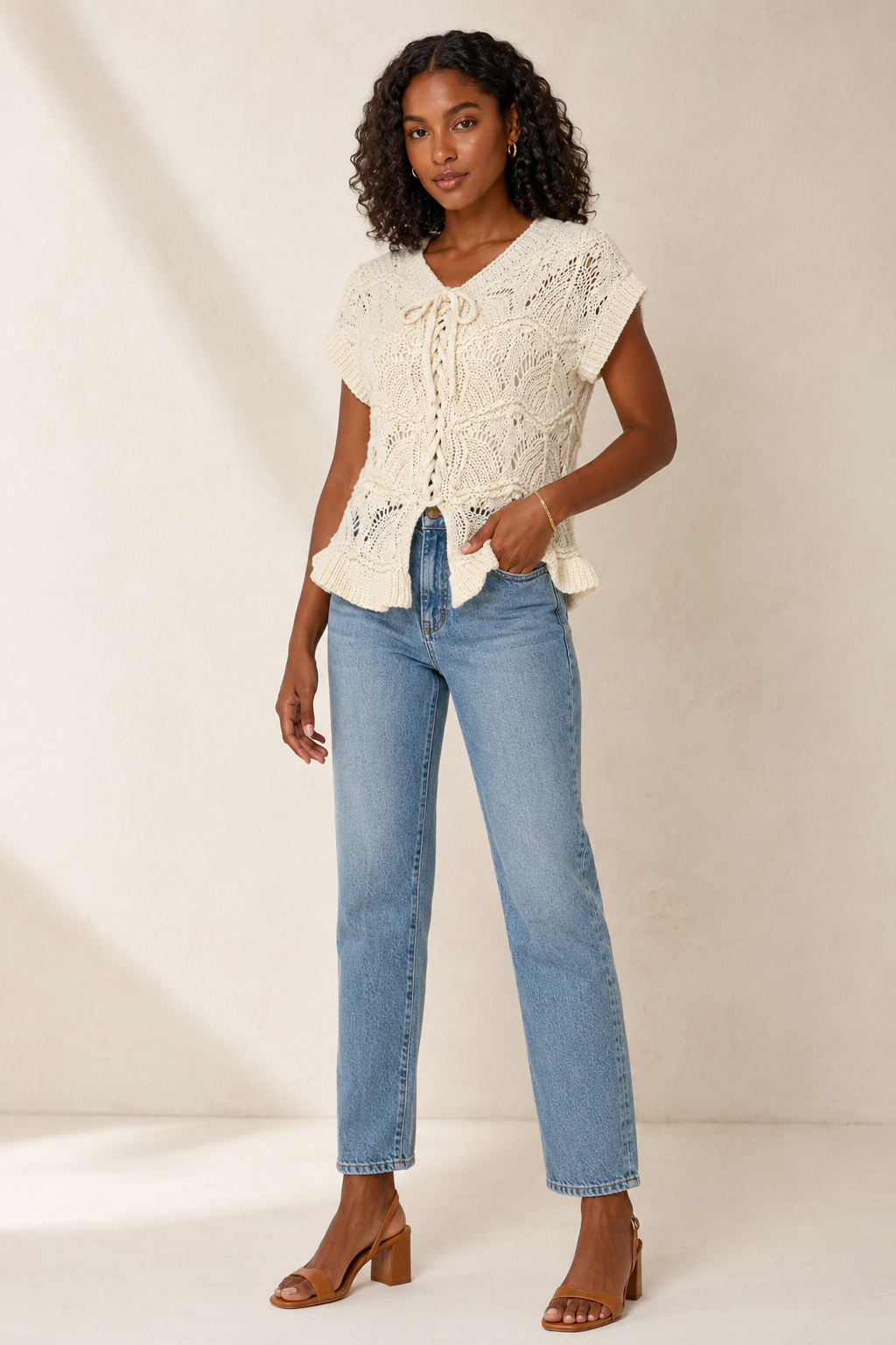 Isla Ruffle Crochet Lace-Up Sweater Vest