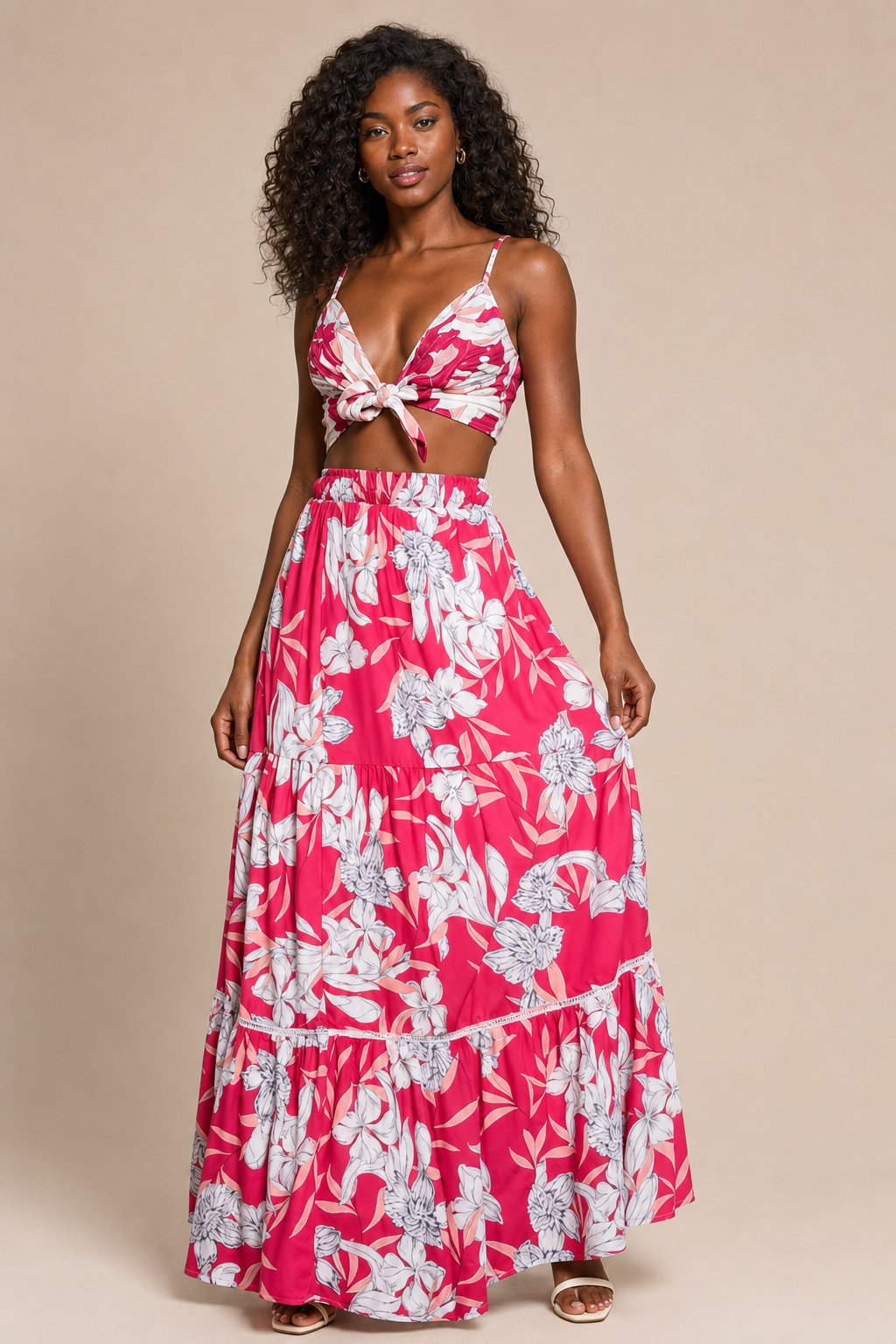 Flamingo Bloom Floral Crop Top Maxi Skirt Set