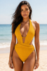 Solid mustard one-piece plunge halter swimwear