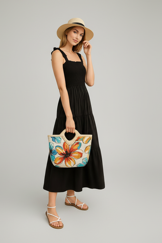 Palm Springs Bloom Jute Rectangle Tote Bag