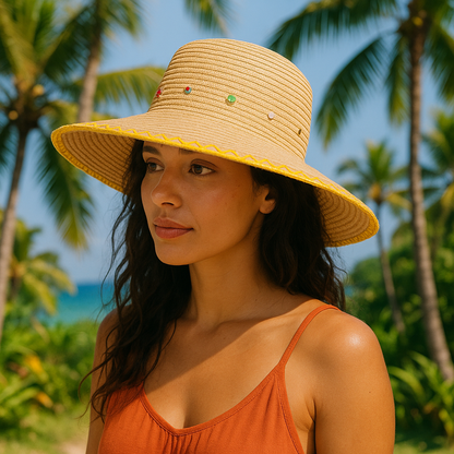 Festival Bucket Straw Hat with Rhinestone Embellishments