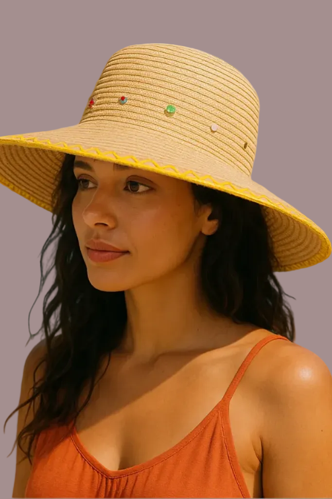 Festival Bucket Straw Hat with Rhinestone Embellishments