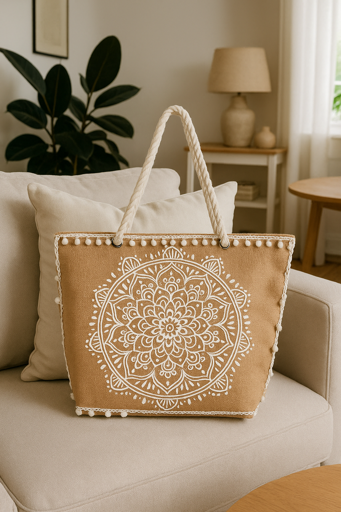Boho floral tote bag open showing spacious interior