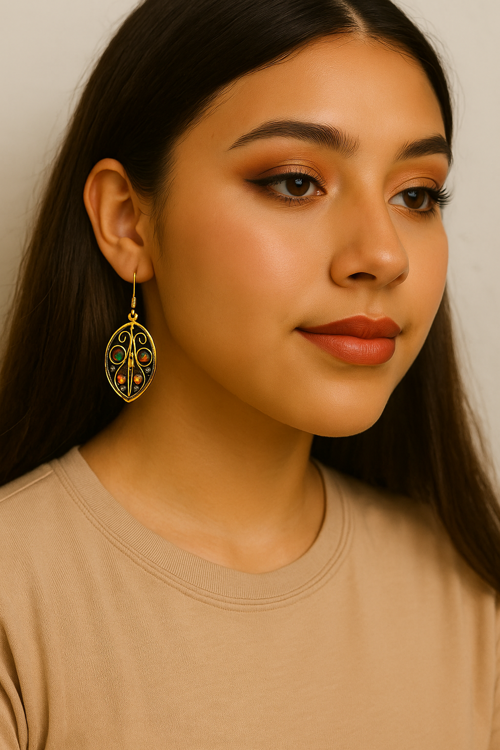 Brass and Copper with Red and Aqua Blue Oval Patina Earrings