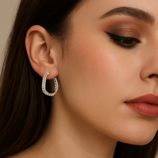 Silver Dipped Cz Heart Hinge Hoop Earrings