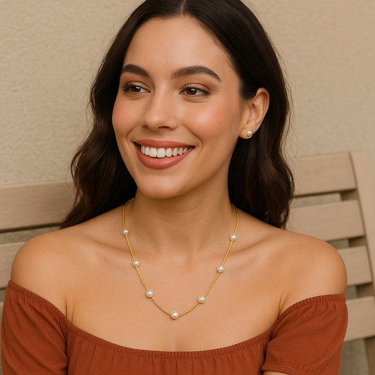 Gold Dipped Fresh Water Pearl Station Beaded Chain Necklace