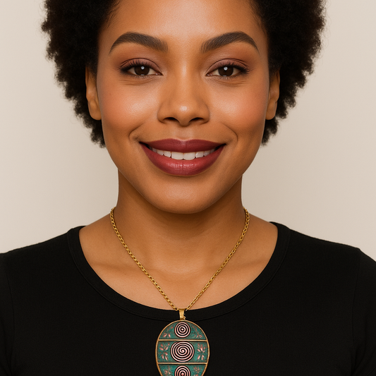 Brass and Copper with Blue/Green Patina Oval and Circle spirals necklace