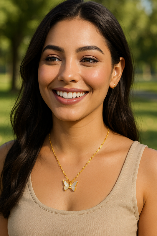 Gold Dipped Shell And Cz Pave Butterfly Pendant Necklace