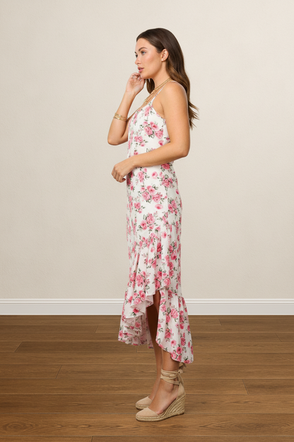 FLORAL RUFFLE HEM HIGH LOW MIDI DRESS