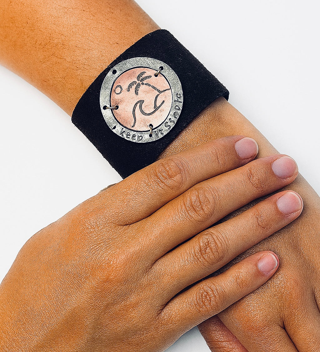 Handmade Copper " Keep It Simple " Palm Tree Brown Leather Bracelet