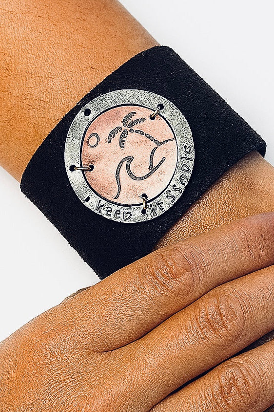 Handmade Copper " Keep It Simple " Palm Tree Brown Leather Bracelet