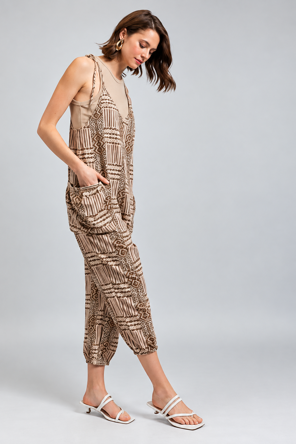 Tulum Drift Tribal Print Shoulder Tie Pockets Jumpsuit
