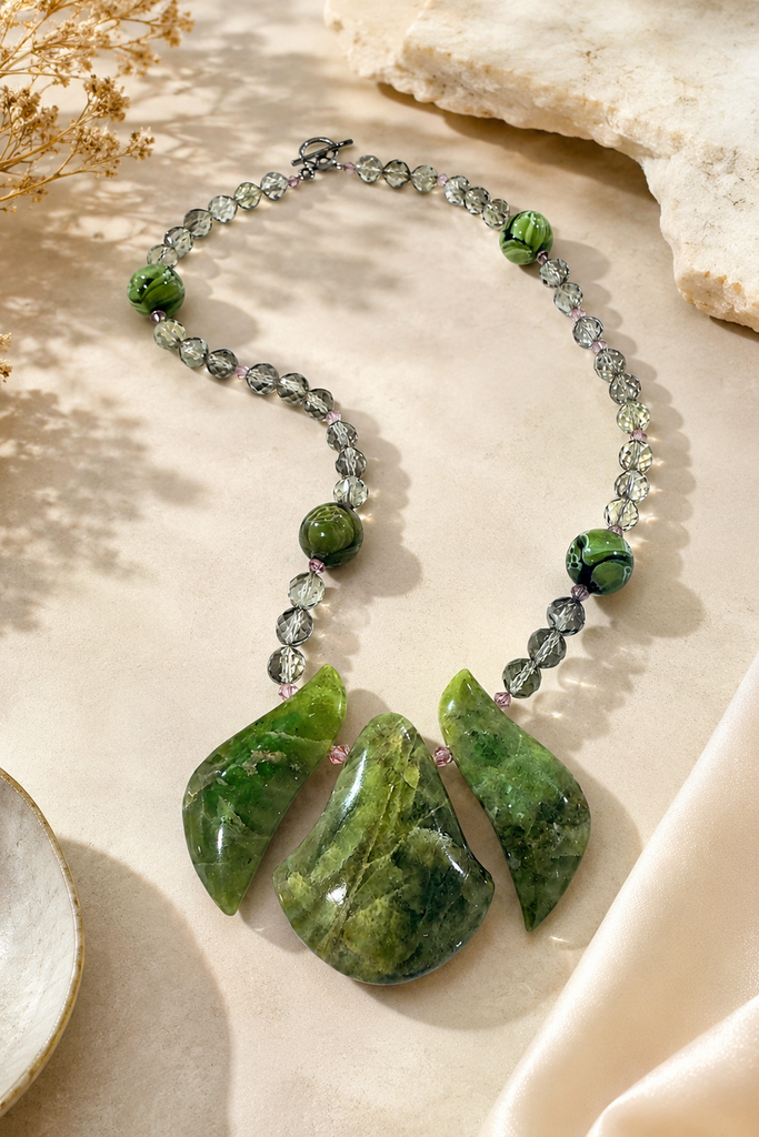 Verdant Muse statement necklace with green fluorite and Swarovski crystals