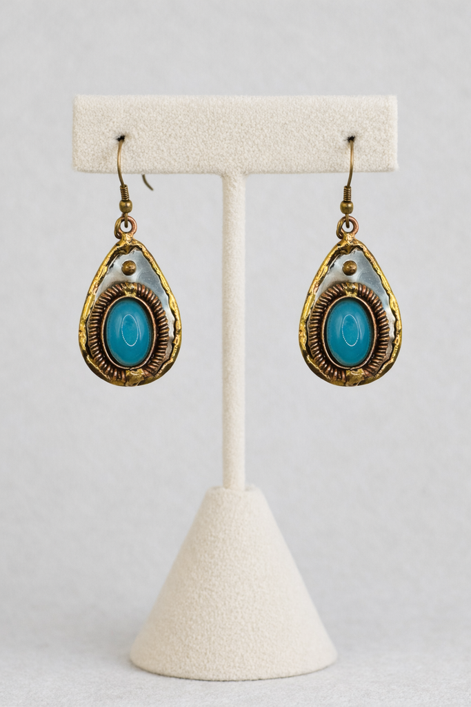 Handmade teardrop calcedony mixed metal earrings