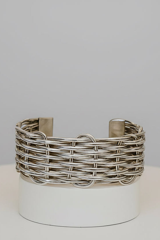 Handcrafted silver tone basket weave cuff bracelet