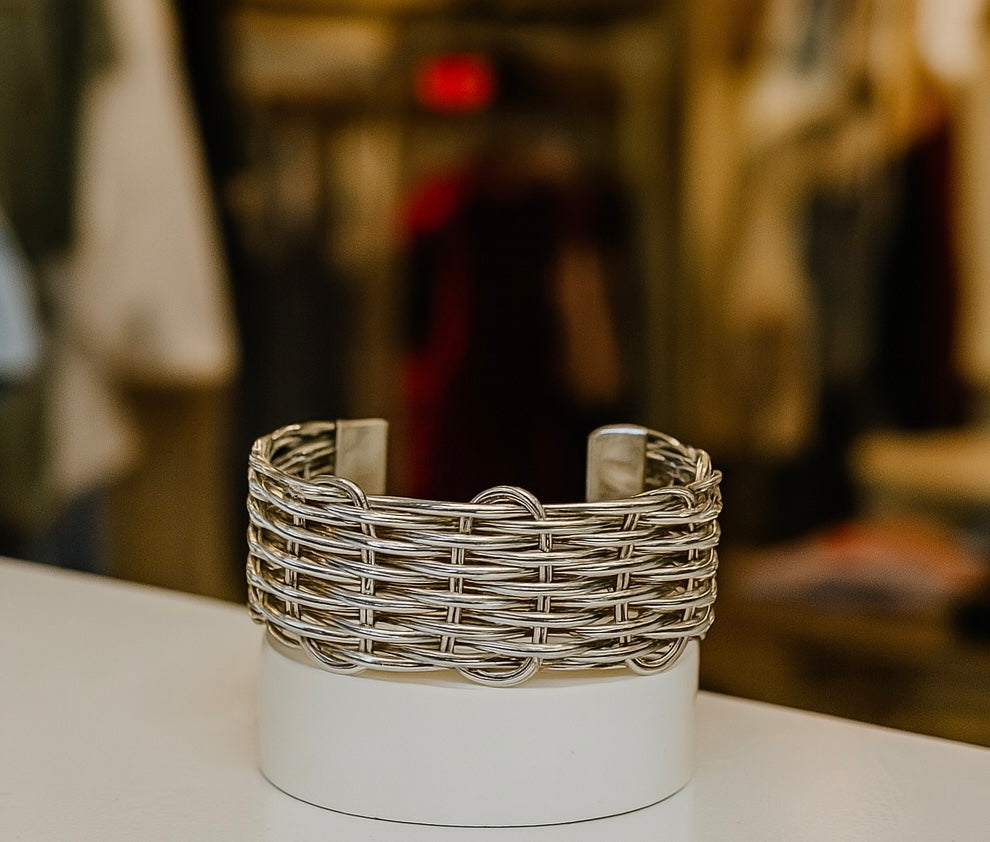 Handcrafted Silver Tone Basket weave cuff bracelet