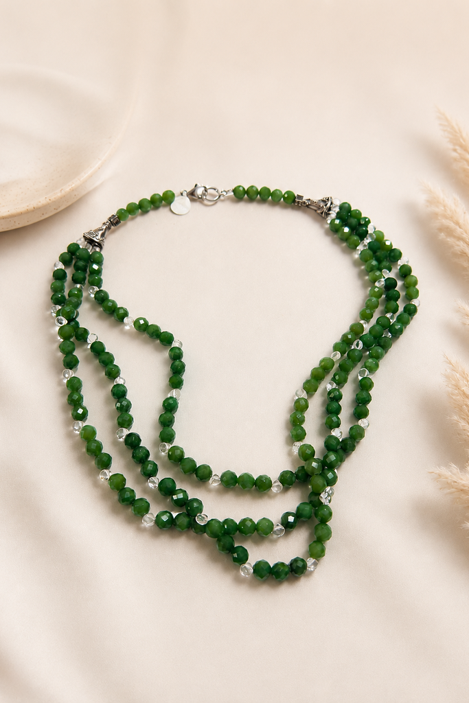 Verde Jade sterling silver necklace with nephrite jade and quartz