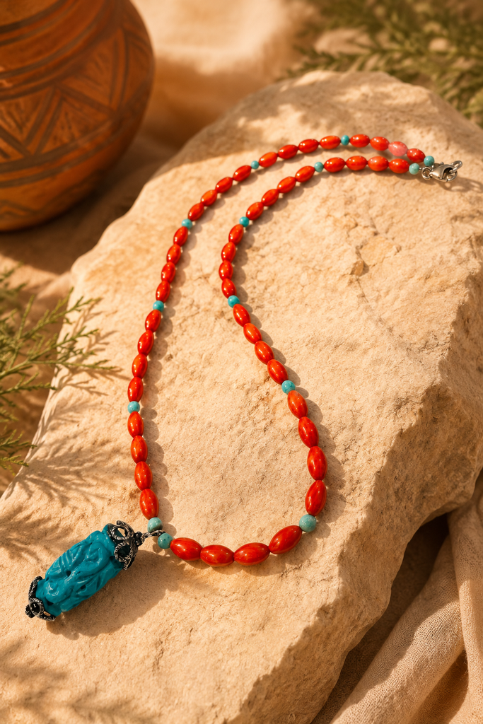 Sunset Oasis necklace with carved turquoise and coral stones