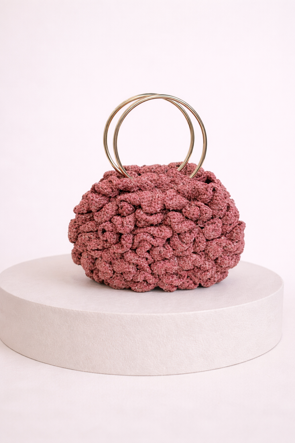 Hand- Knitted Halo Embossed Rose Bag w/ Steel Handles