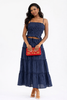 Navy gingham smocked crop top and tiered maxi skirt set