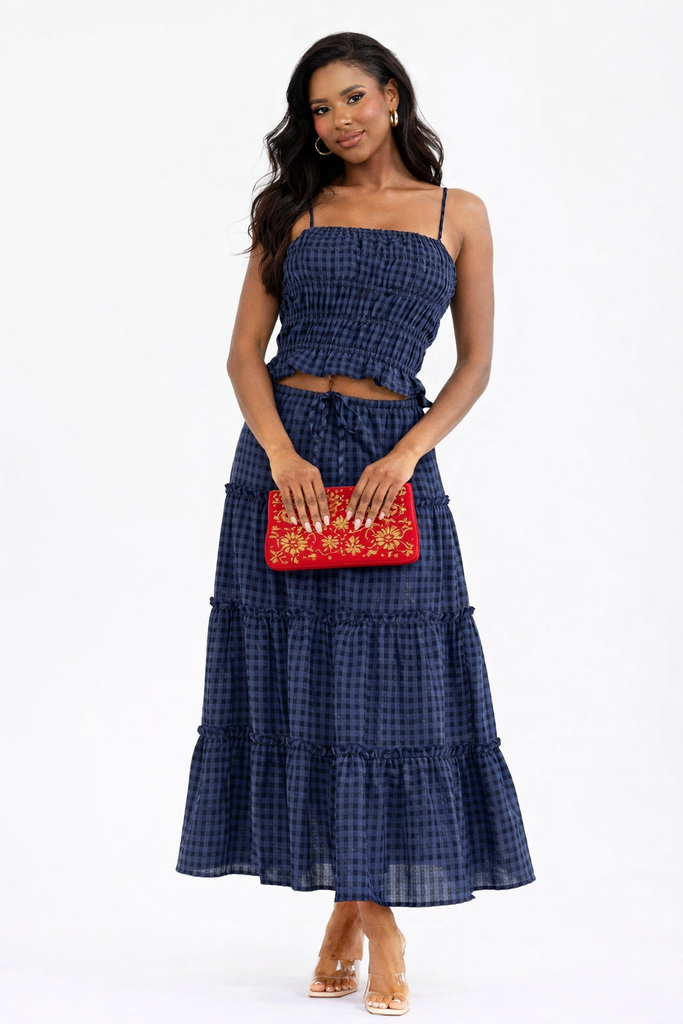 Navy gingham smocked crop top and tiered maxi skirt set