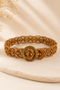 Brown wooden buckle beaded macrame belt, front view