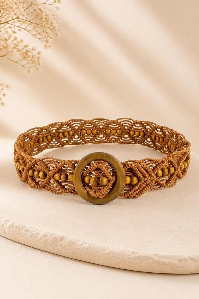 Brown wooden buckle beaded macrame belt, front view