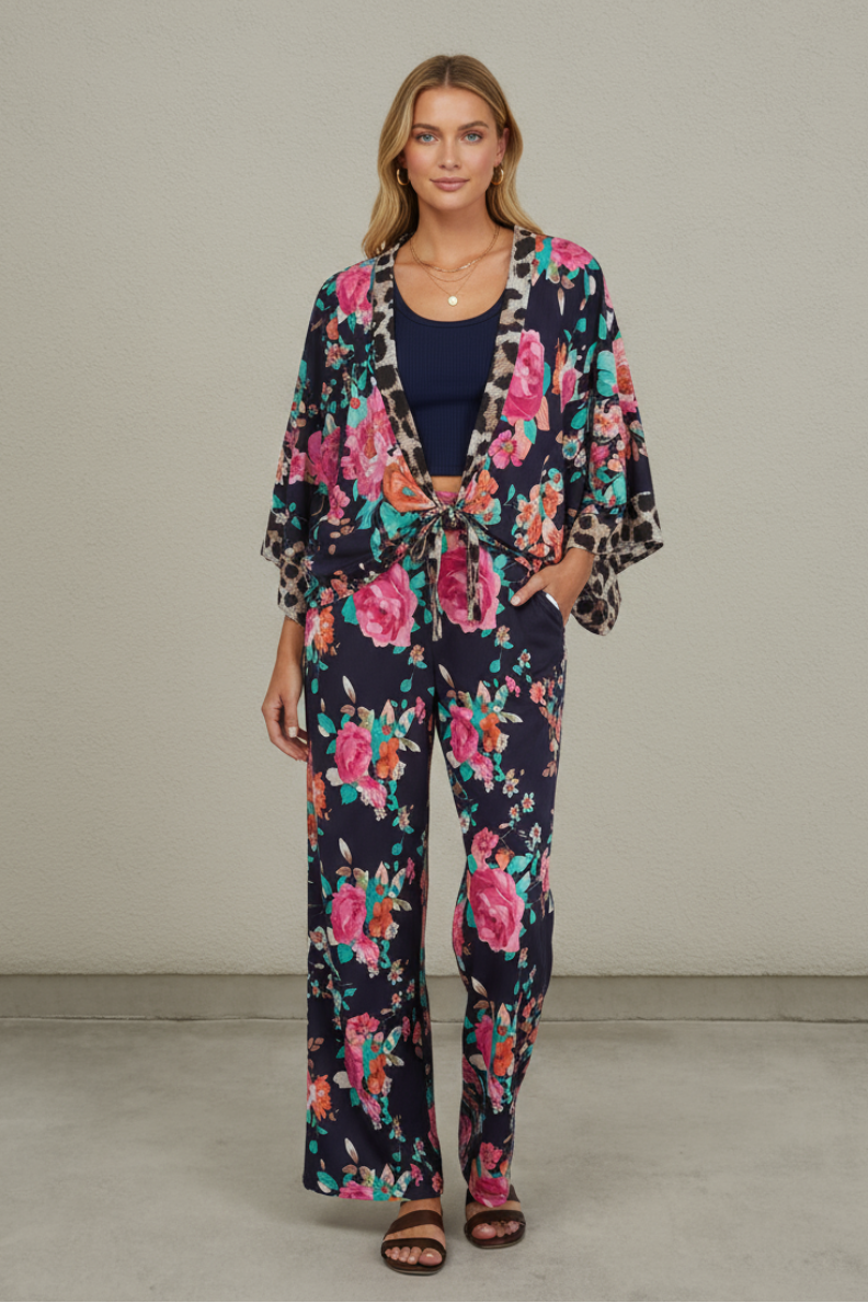 Mix print kimono and pants resort set