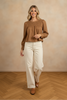 Long-sleeve smock detailed top in mocha brown, back view