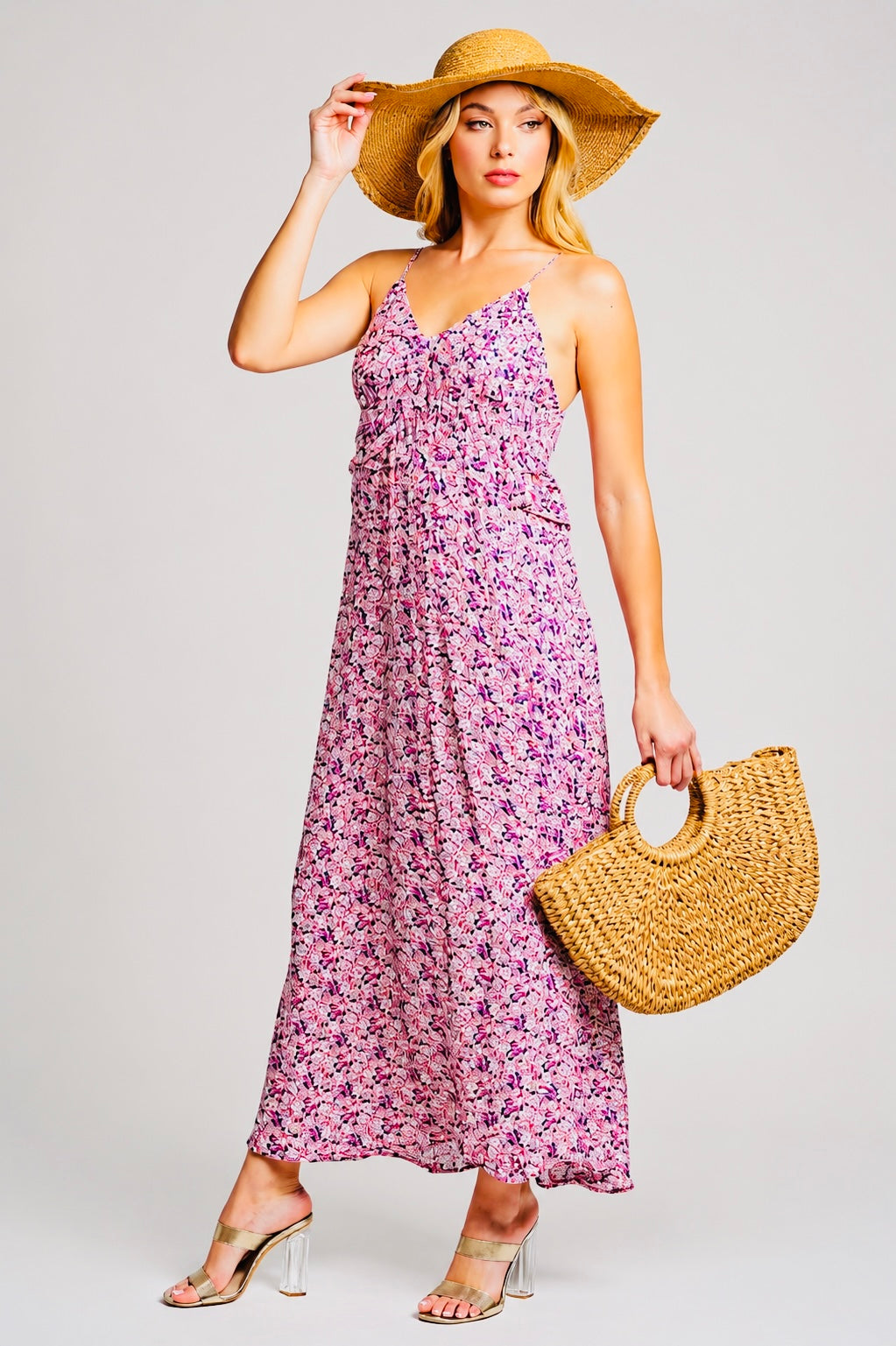 Pink floral tiered maxi sun dress with adjustable straps, front view