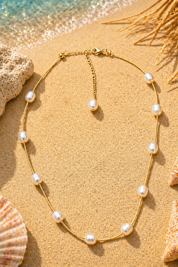 Gold dipped freshwater pearl station beaded chain necklace