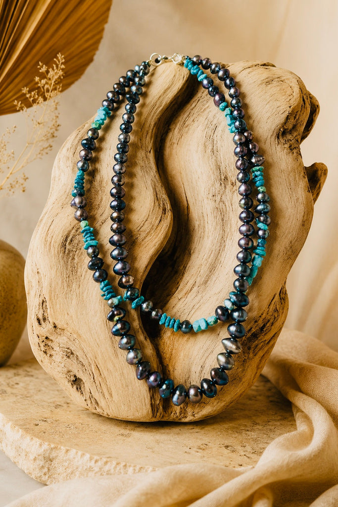 Midnight Tide necklace with freshwater pearls and turquoise chips