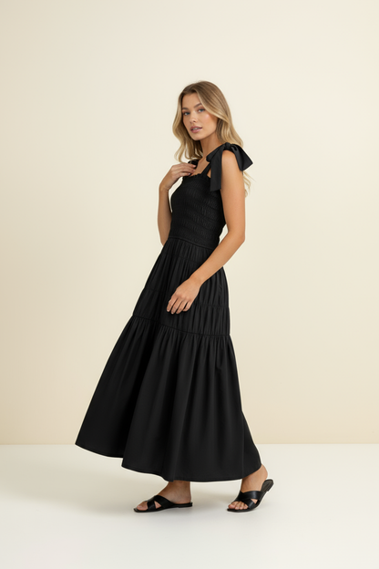 Smocked Maxi Dress with Shoulder Tie